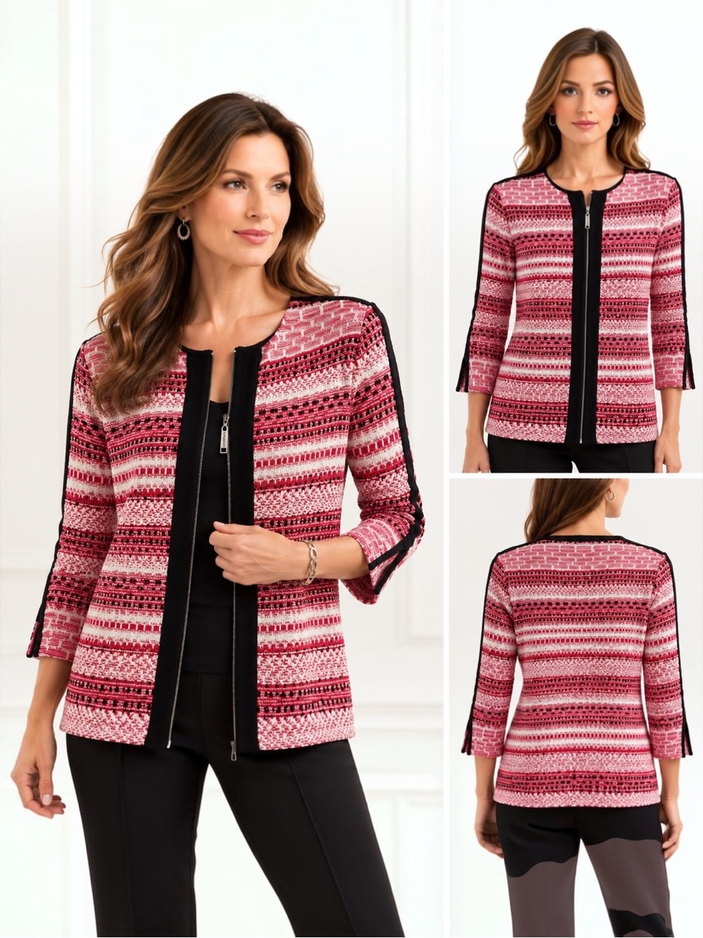 Misook XS Textured Knit Zip Front Cardigan Jacket Red Black White